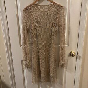 Sincerely Jules Women's Embellished Mesh Beige Mini Dress with Slip ~ Large